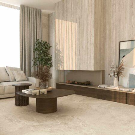 Feinsteinzeug Travertin Beige Vein Natural 120x60 cm im Wohnraum