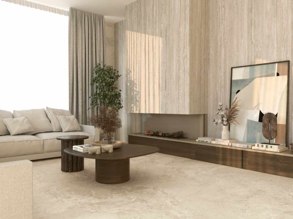 Feinsteinzeug Travertin Beige Vein Natural 120x60 cm im Wohnraum